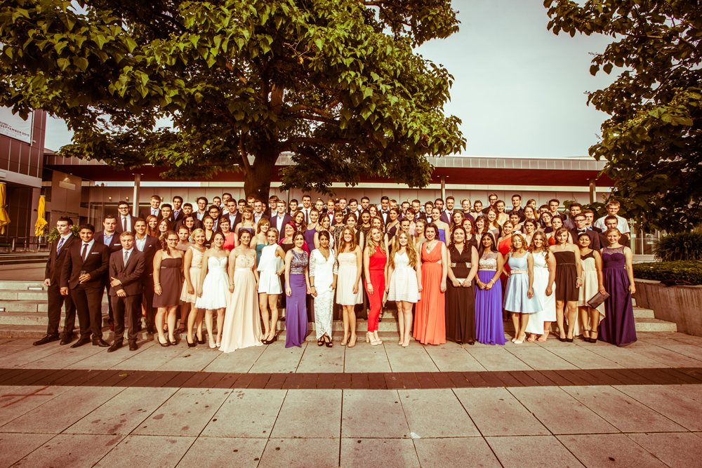 The Abitur year group photographed outside the school